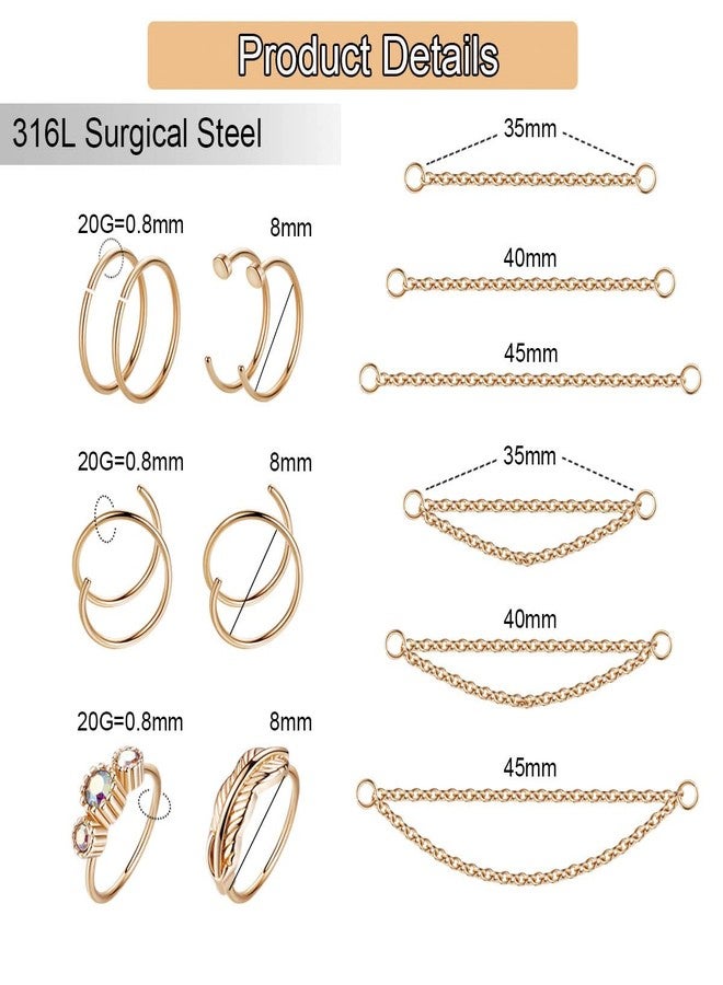 NICEIGHT 24Pcs 20G Stainless Steel Nose Ring Chain Piercing Across Double Nose Stud with Nose Chain Nostril Piercing Jewelry R - Image 4